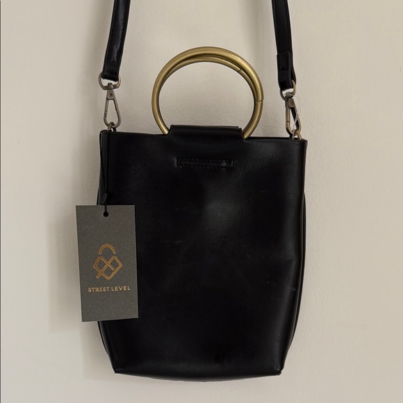 Street Level Black Leather Crossbody Bag with Gold Ring Handle - Picture 1 of 6